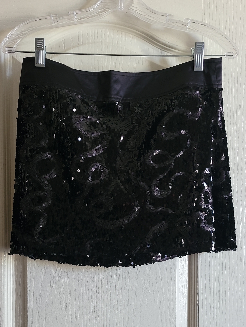 Black Sequin Mini Skirt by Black with Satin Waistband